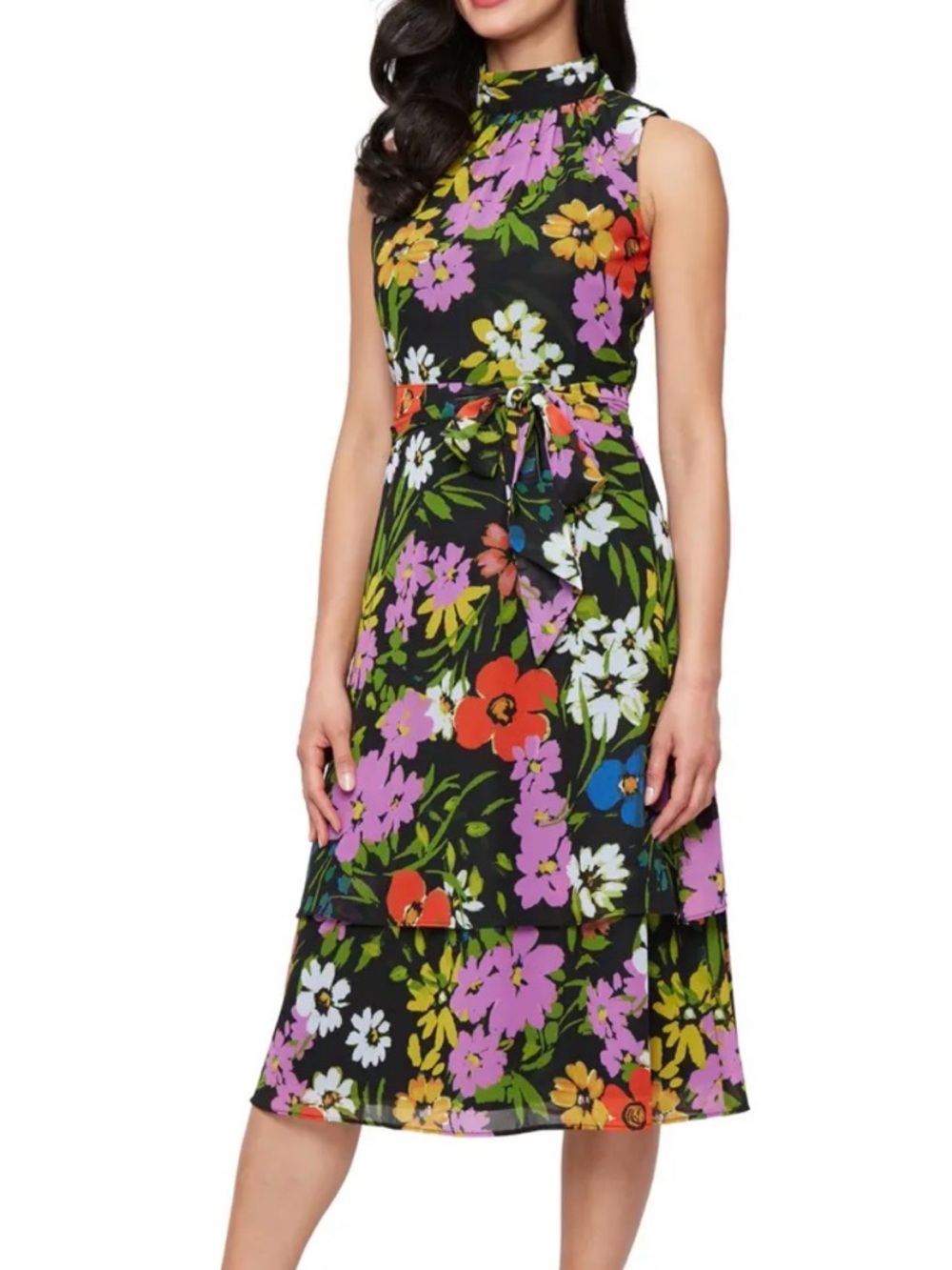 SL Fashions Black Floral Mock Neck Sleeveless Midi Dress